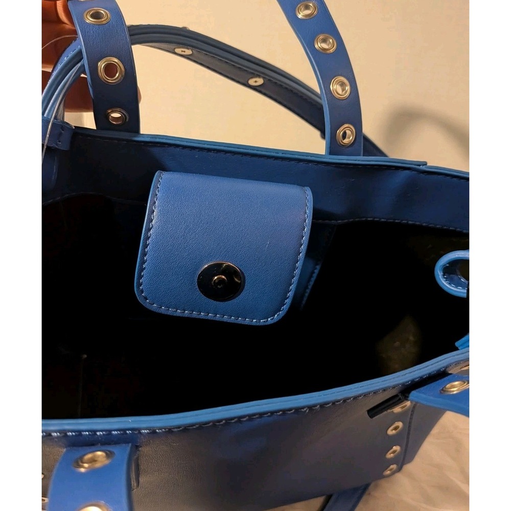 French Connection Purse Blue Faux Leather Bag Tote Grommets Double Handle - Picture 16 of 16